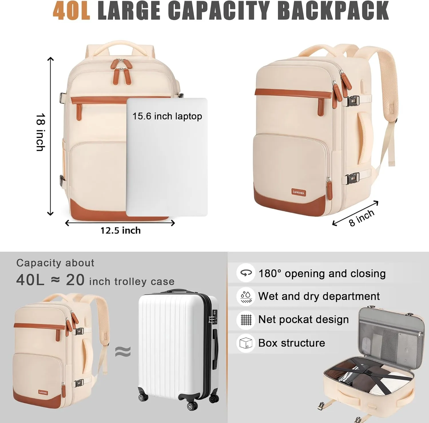 40L Travel Backpack with USB Charging Port, Water-Resistant Carry On Backpack for Men Women, Business Laptop Backpack for Men & Women, Trips & Commutes, Fits 15.6/17.3 Inch Laptop (Beige)
