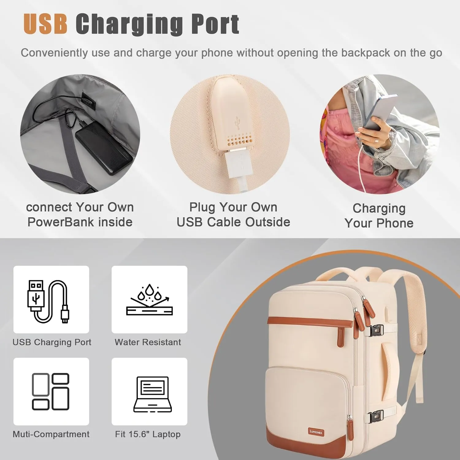 40L Travel Backpack with USB Charging Port, Water-Resistant Carry On Backpack for Men Women, Business Laptop Backpack for Men & Women, Trips & Commutes, Fits 15.6/17.3 Inch Laptop (Beige)