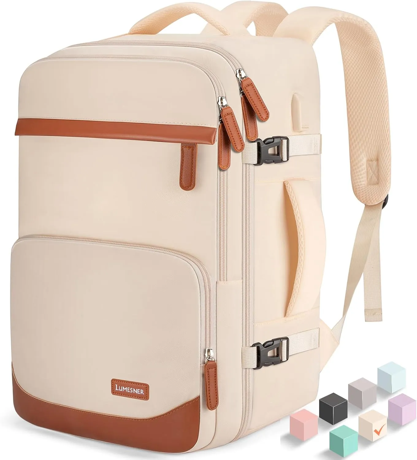 40L Travel Backpack with USB Charging Port, Water-Resistant Carry On Backpack for Men Women, Business Laptop Backpack for Men & Women, Trips & Commutes, Fits 15.6/17.3 Inch Laptop (Beige)