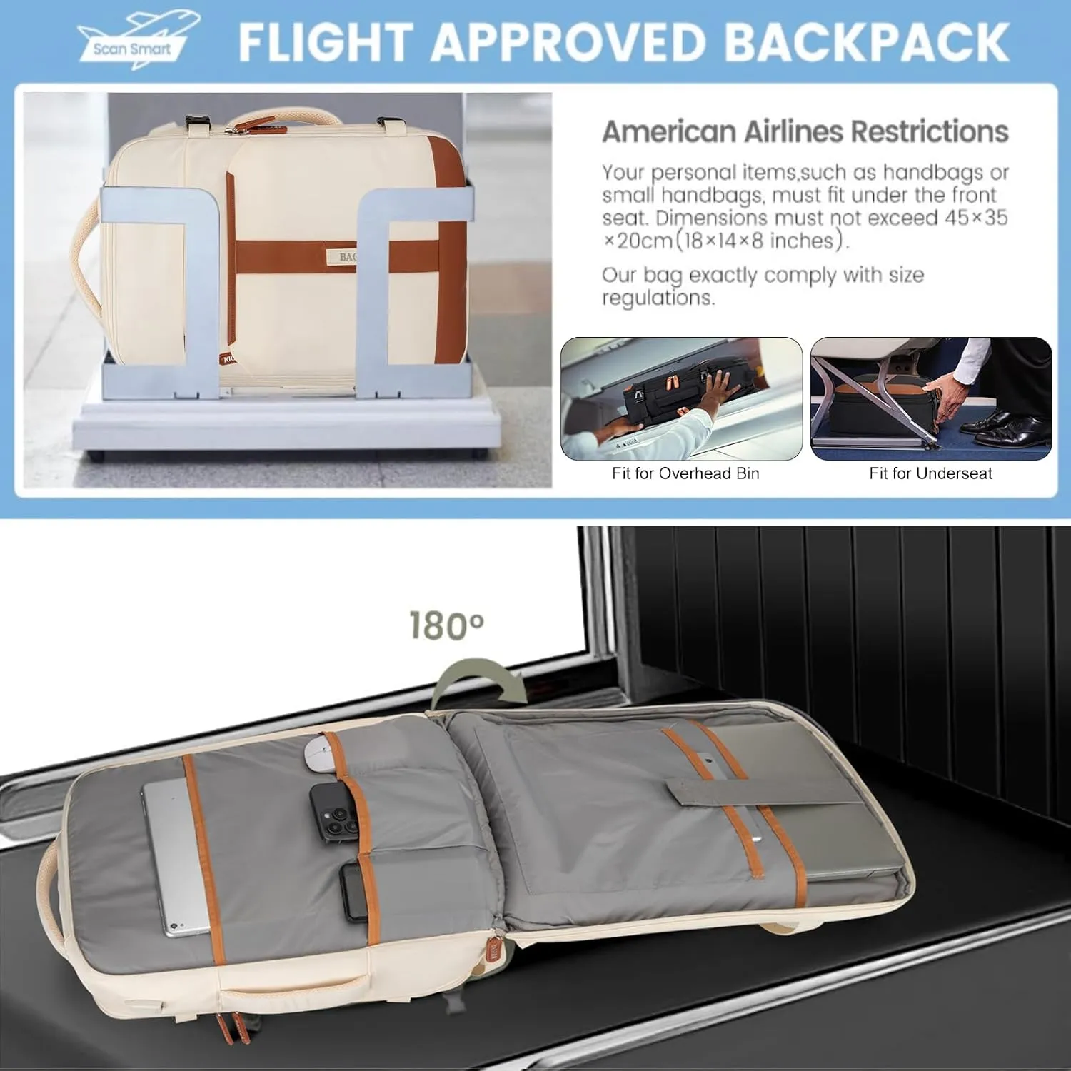 42L Travel Laptop Backpack, Expandable Carry-on Luggage, Anti-Theft Business Weekender Bag with USB Port, 3 Packing Cubes & Shoe Bag (Beige)