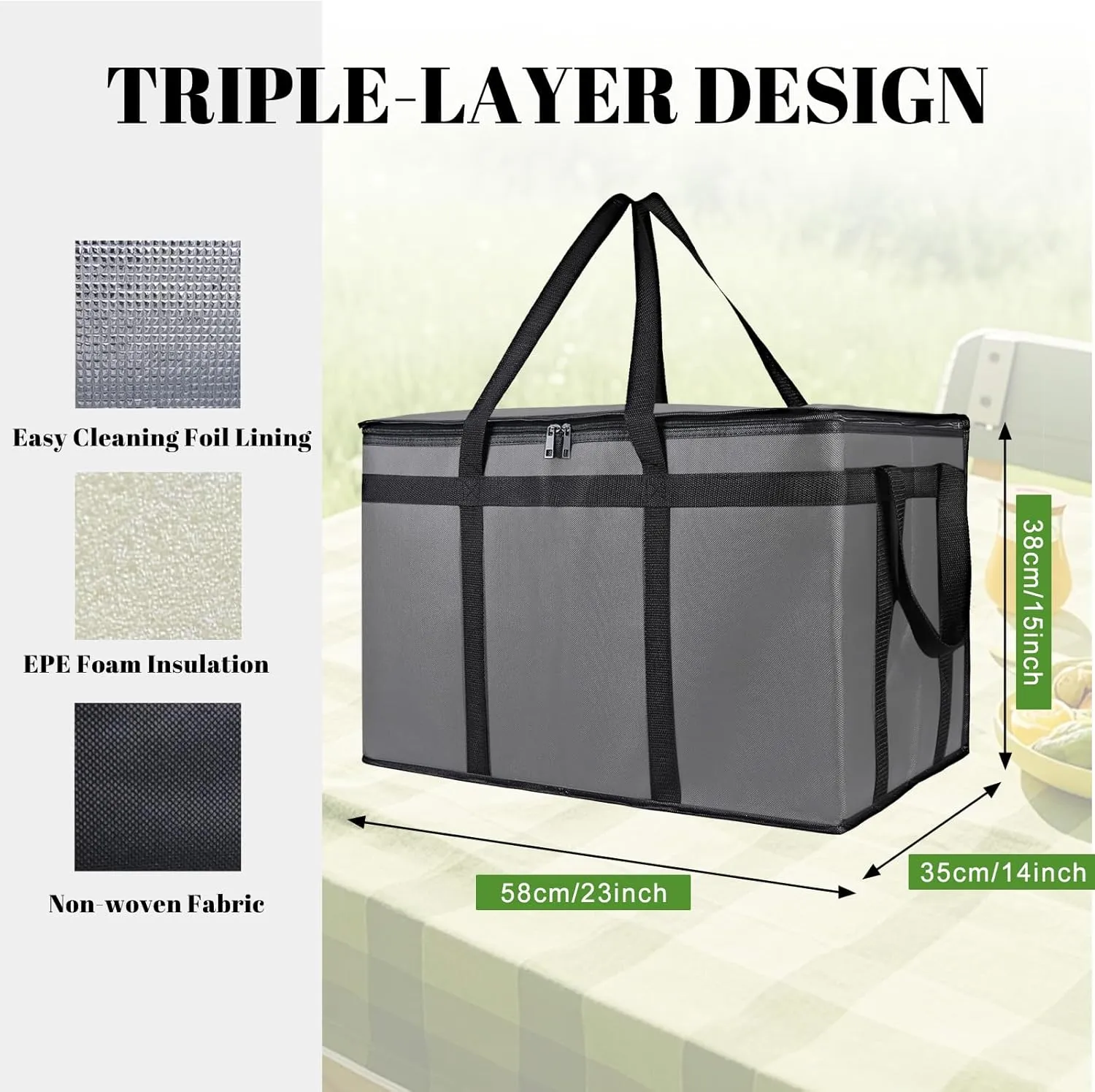 5-Pack Insulated Food Delivery Bag, XXX-Large Meal Grocery Tote Insulation Bag for Hot and cold Food, Commercial, Large Capacity Reusable Warming Bag (Gray 23x15x14 Inch)