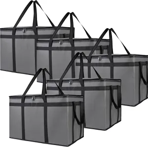 5-Pack Insulated Food Delivery Bag, XXX-Large Meal Grocery Tote Insulation Bag for Hot and cold Food, Commercial, Large Capacity Reusable Warming Bag (Gray 23x15x14 Inch)