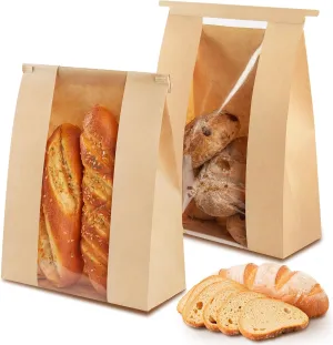 50 PCS Large Paper Bread Bags for Sourdough Bread, 13.7 x 8.2 x 3.5 Inches Bakery Bags with Window, Homemade Bread Loaf Bags with Tin Tie Tab Lock
