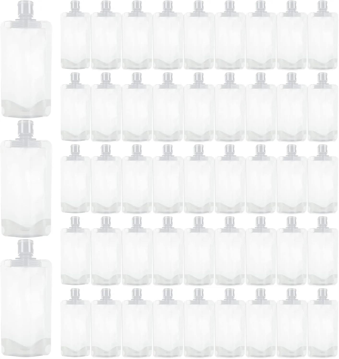 50 PCS Travel Size Empty Squeeze Pouches Refillable 3.38oz Clear Travel Pouches for Toiletries, 100ml Portable Travel Fluid Bags for Liquid Shampoo Lotion Shower Gel, Leak Proof sub Bag for Travel