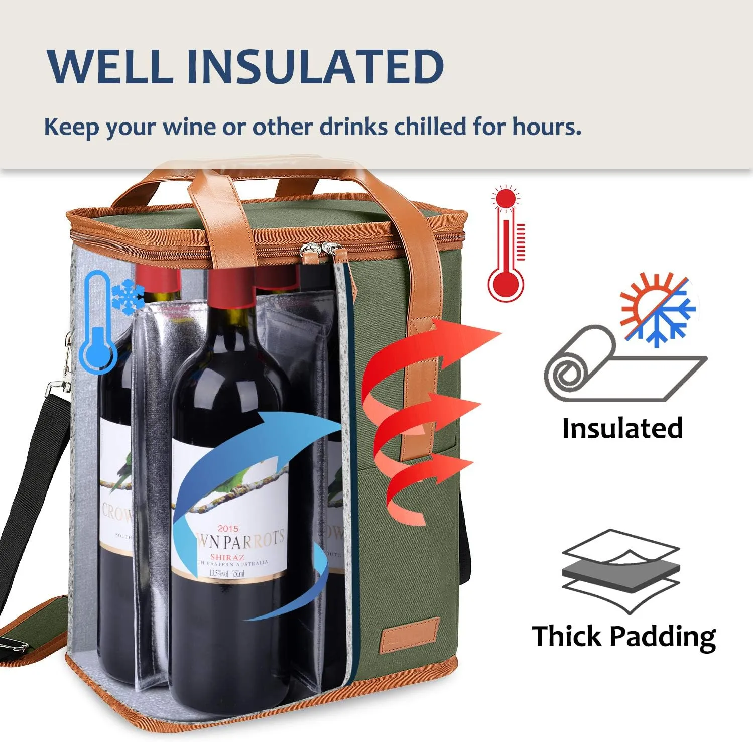 6 Bottle Wine Gift carrier - Insulated & Padded Wine Carrying Cooler Tote Bag with Handle and Adjustable Shoulder Strap for Travel or Picnic, IDEAL Wine Lover Gift, Oliver