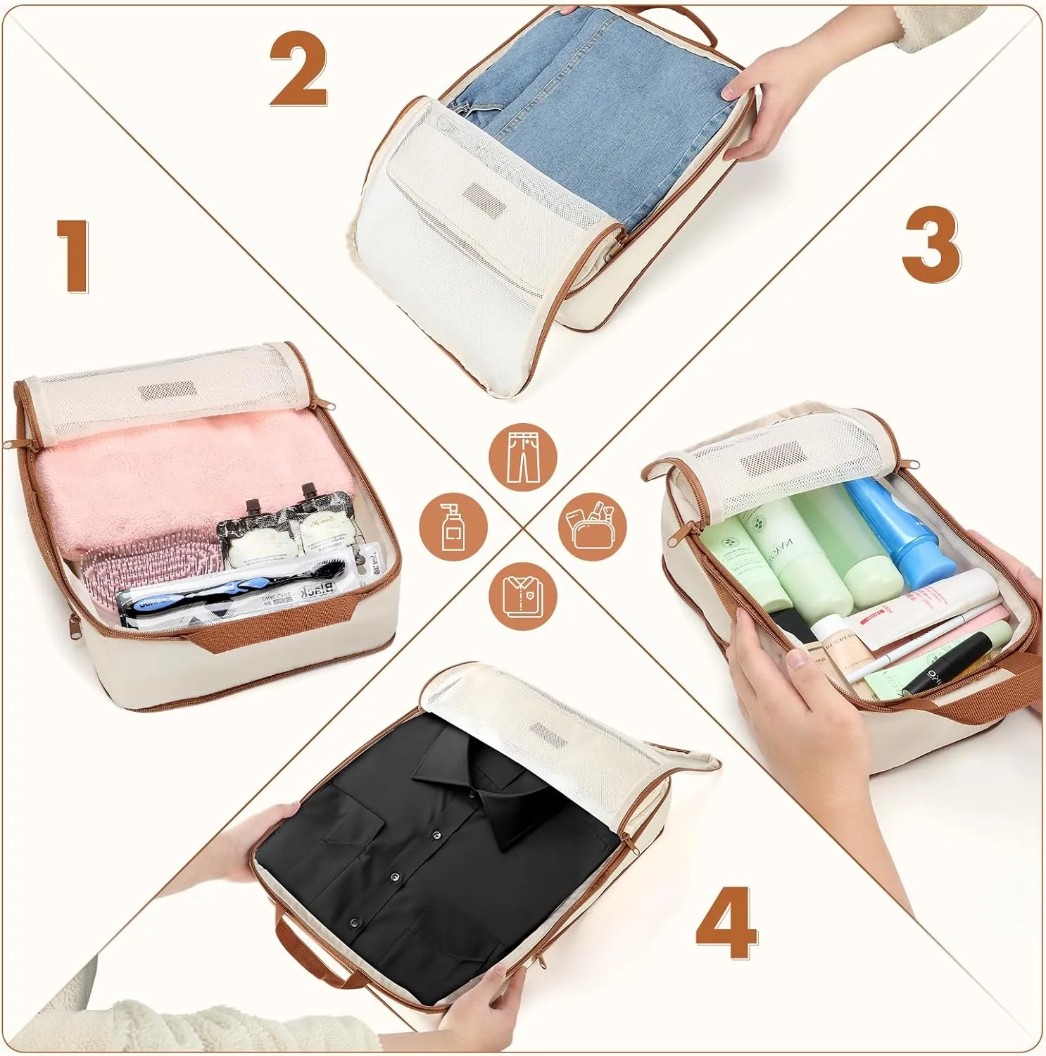 6 Set Compression Packing Cubes for Travel, Lightweight Expandable Organizer with Laundry and Shoe Bag, Luggage Suitcase Accessories, Travel Essentials for Cruise Trips Beige