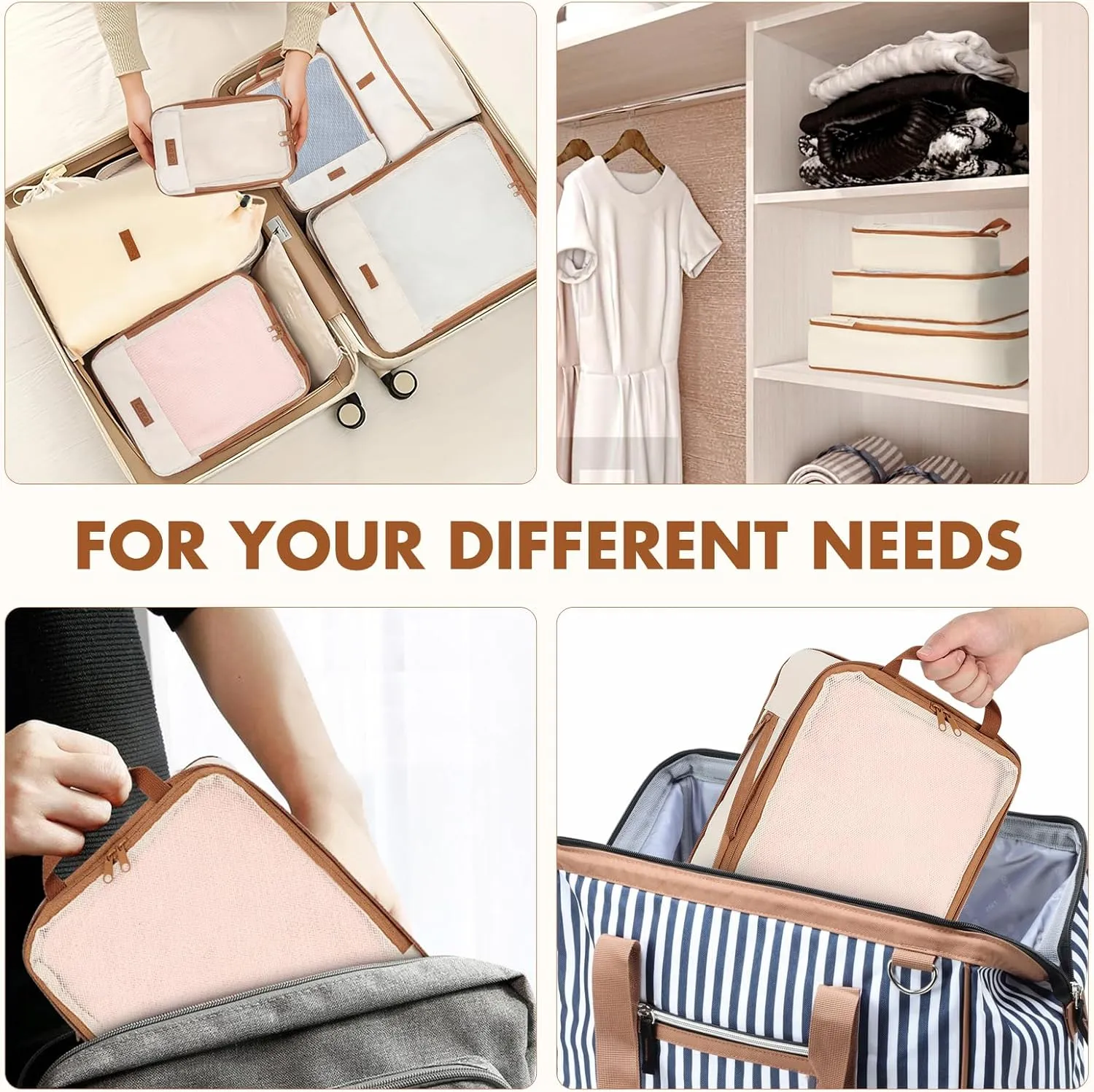 6 Set Compression Packing Cubes for Travel, Lightweight Expandable Organizer with Laundry and Shoe Bag, Luggage Suitcase Accessories, Travel Essentials for Cruise Trips Beige