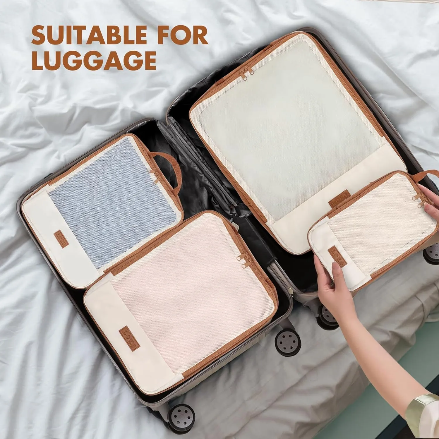 6 Set Compression Packing Cubes for Travel, Lightweight Expandable Organizer with Laundry and Shoe Bag, Luggage Suitcase Accessories, Travel Essentials for Cruise Trips Beige