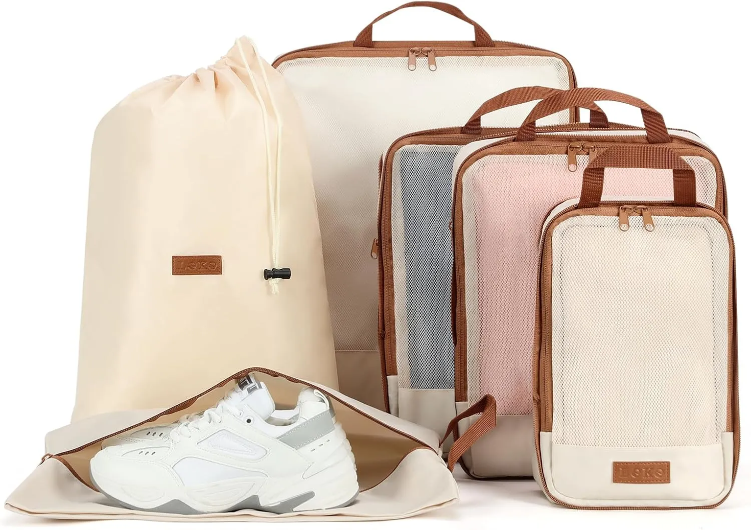 6 Set Compression Packing Cubes for Travel, Lightweight Expandable Organizer with Laundry and Shoe Bag, Luggage Suitcase Accessories, Travel Essentials for Cruise Trips Beige