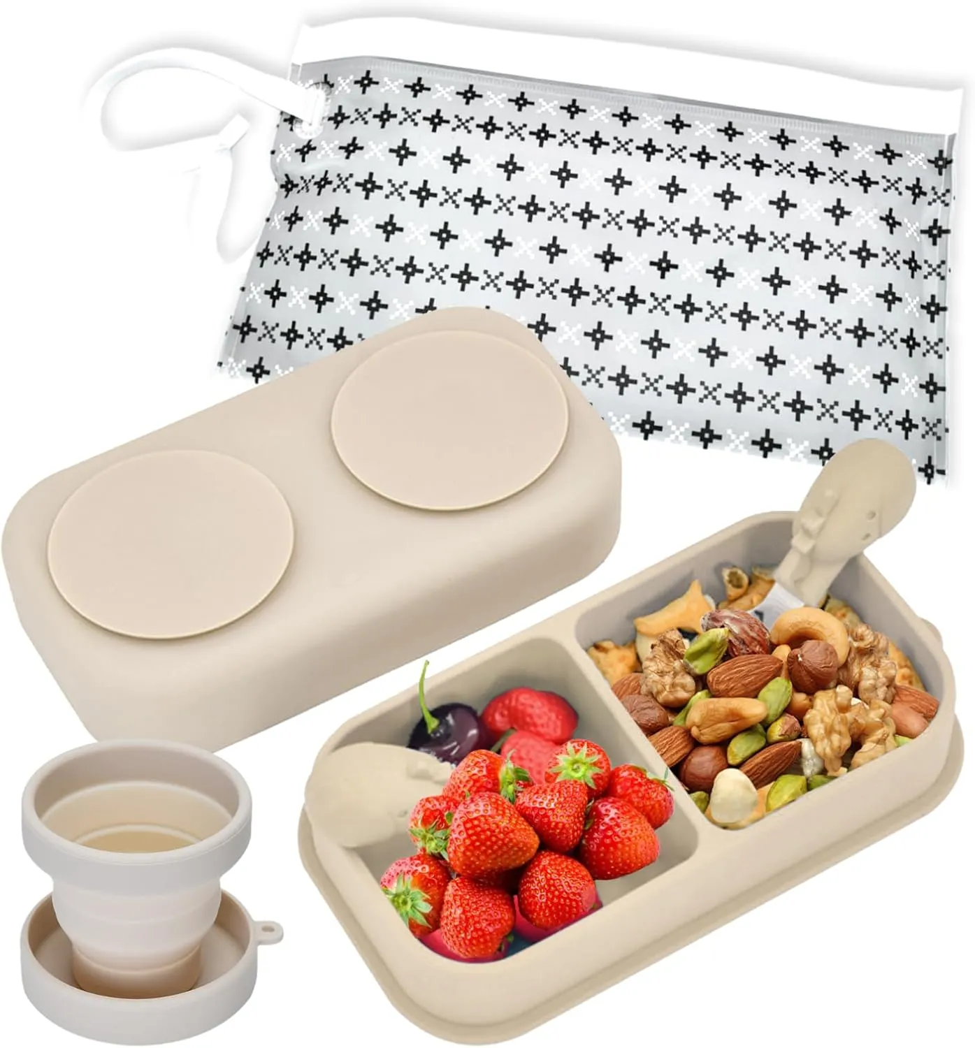 6PCS Travel Suction Plate for Baby,Portable Silicone Suction Plate to Go,Baby Divided Plates Feeding Set with Travel Bag,Cup for Toddler Baby Plate Divided Bowls Travel Essential Beige