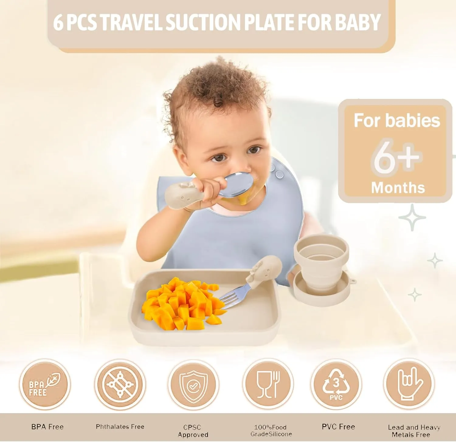 6PCS Travel Suction Plate for Baby,Portable Silicone Suction Plate to Go,Baby Divided Plates Feeding Set with Travel Bag,Cup for Toddler Baby Plate Divided Bowls Travel Essential Beige