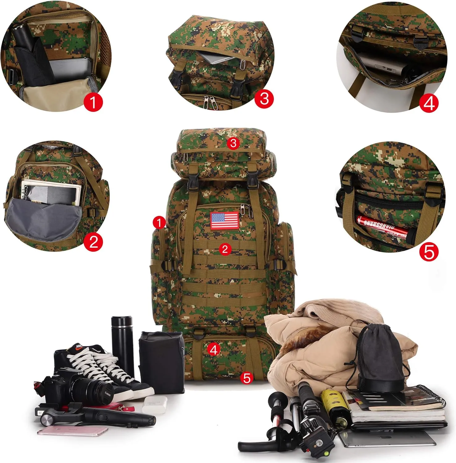 70l Hiking Backpack for Men Waterproof Military Camping Rucksack Travel Daypack