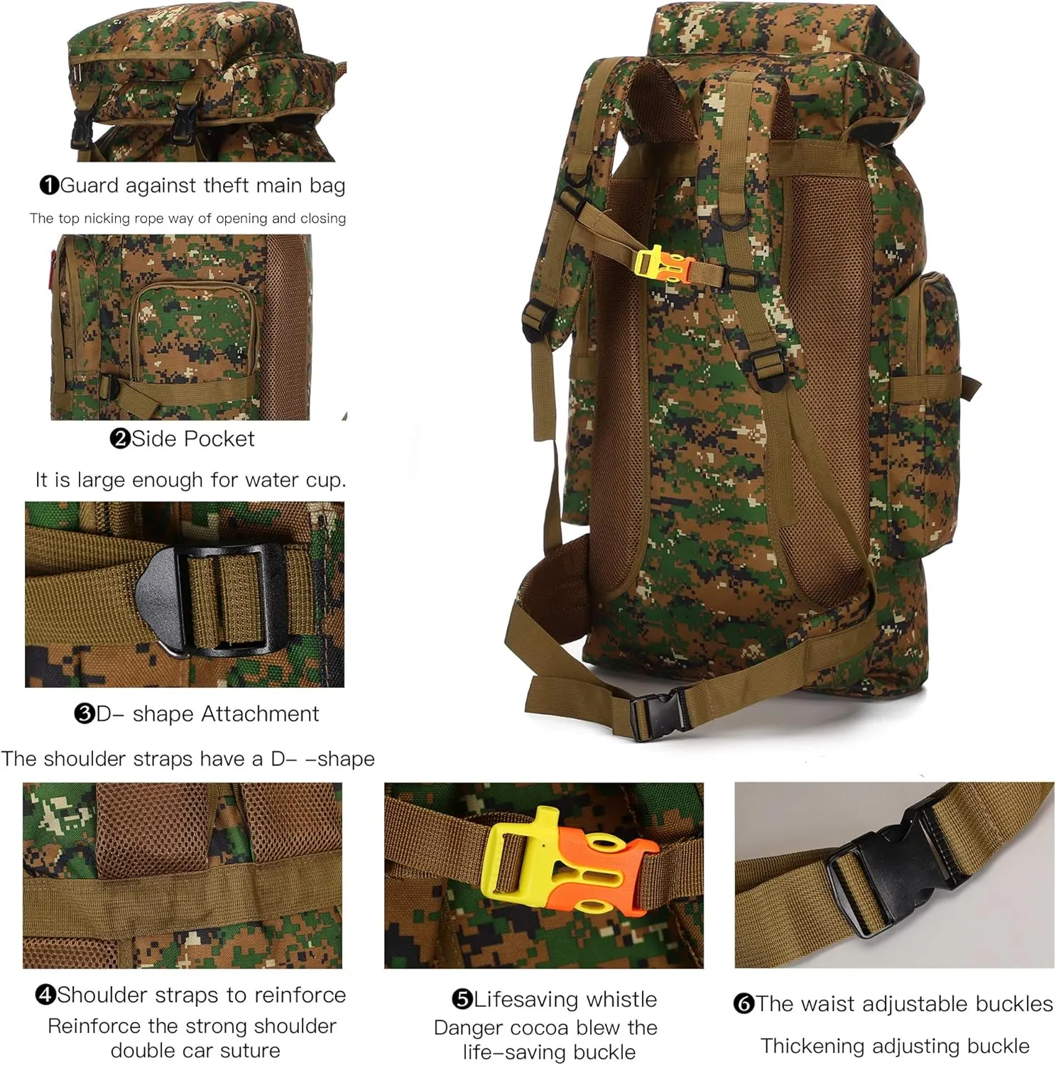70l Hiking Backpack for Men Waterproof Military Camping Rucksack Travel Daypack