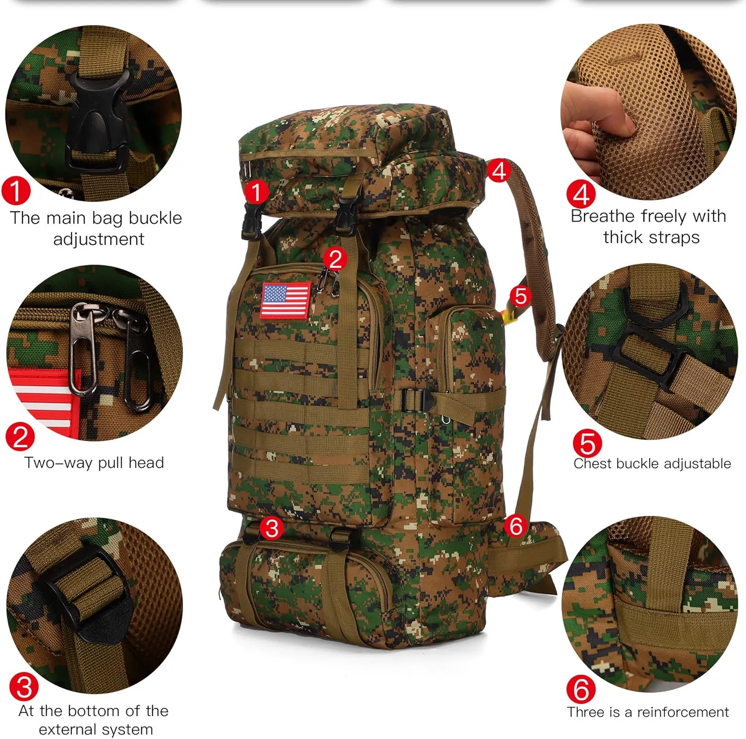 70l Hiking Backpack for Men Waterproof Military Camping Rucksack Travel Daypack
