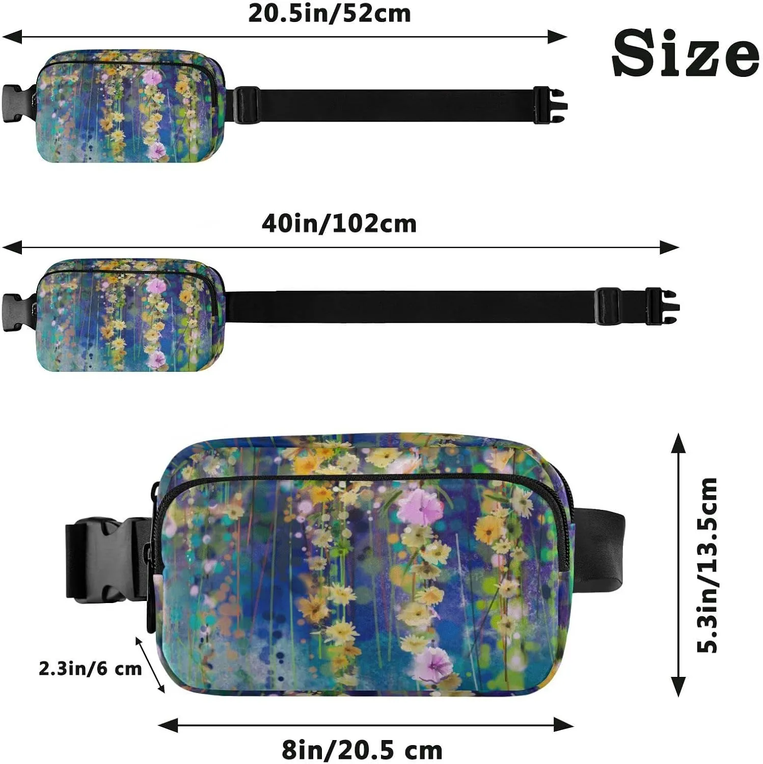 Abstract Floral Watercolor White, Yellow Red Ivy Flowers on Blue Adjustable Belt Running Bag, Crossbody Fanny Pack Waist Runners Bag Tote for Women Men Sports Hiking Fitness Exercise Gym Pouch