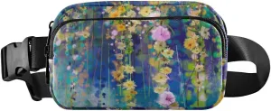 Abstract Floral Watercolor White, Yellow Red Ivy Flowers on Blue Adjustable Belt Running Bag, Crossbody Fanny Pack Waist Runners Bag Tote for Women Men Sports Hiking Fitness Exercise Gym Pouch