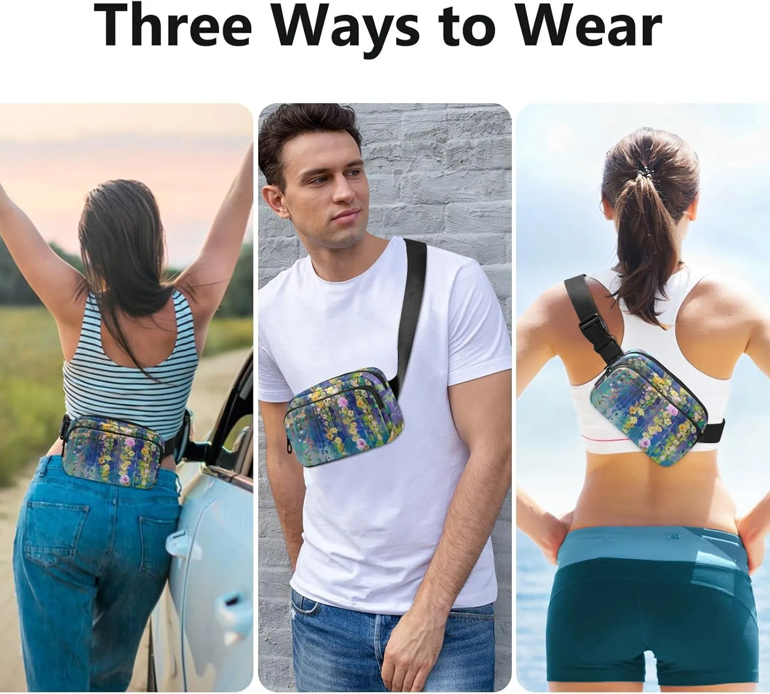 Abstract Floral Watercolor White, Yellow Red Ivy Flowers on Blue Adjustable Belt Running Bag, Crossbody Fanny Pack Waist Runners Bag Tote for Women Men Sports Hiking Fitness Exercise Gym Pouch