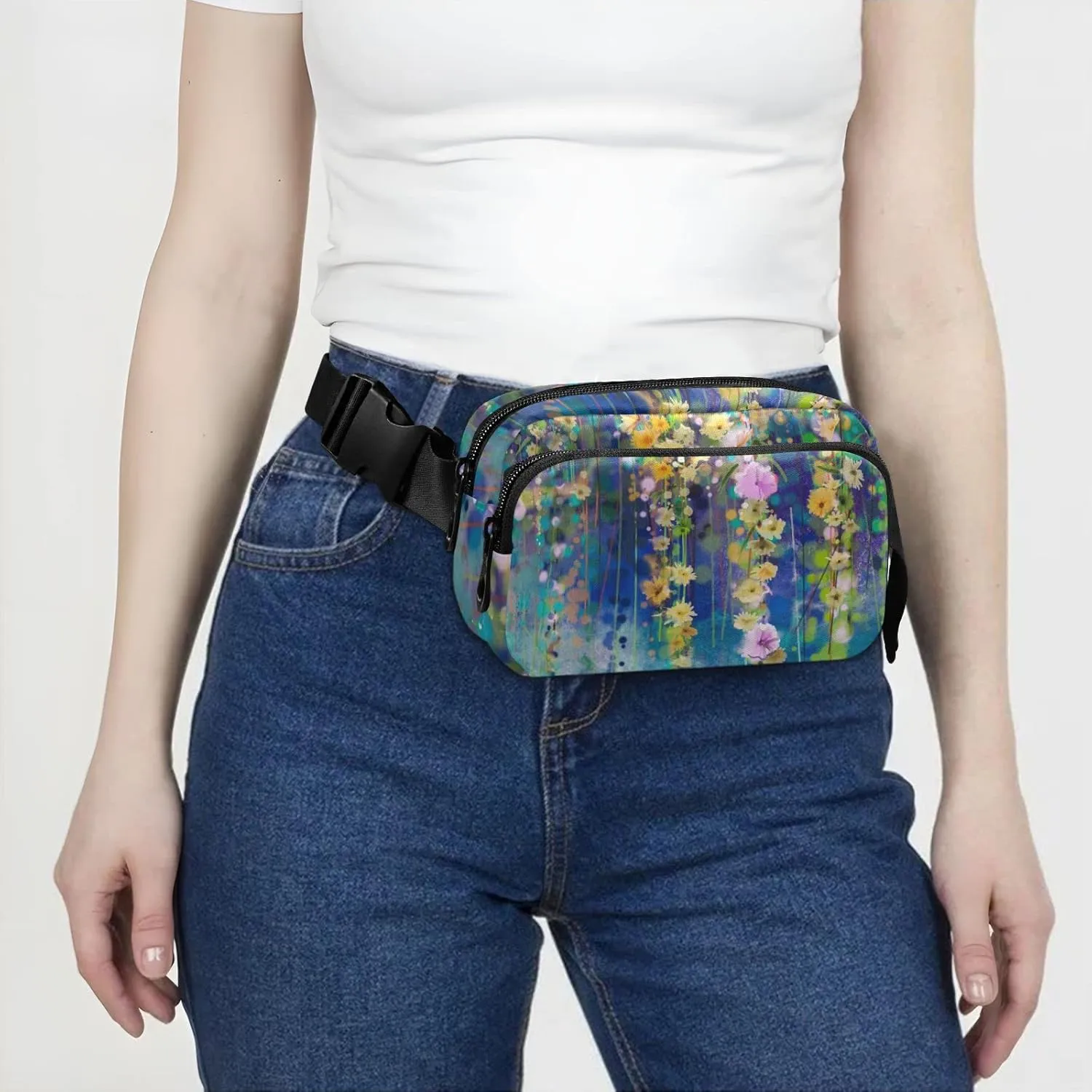 Abstract Floral Watercolor White, Yellow Red Ivy Flowers on Blue Adjustable Belt Running Bag, Crossbody Fanny Pack Waist Runners Bag Tote for Women Men Sports Hiking Fitness Exercise Gym Pouch