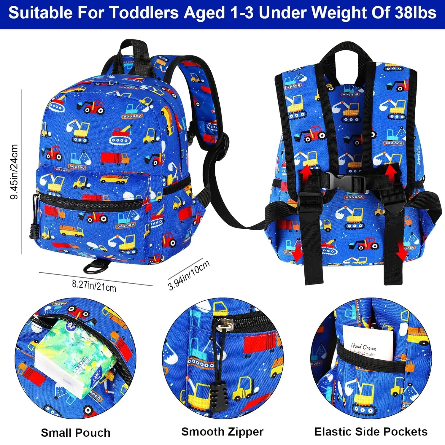 Accmor Toddler Backpack Leash with Anti Lost Wrist Link, Cute Mini Child Walking Harnesses Keep Kids Close Back Pack Rope Tether Rein for Baby Boys (Blue/Excavator)
