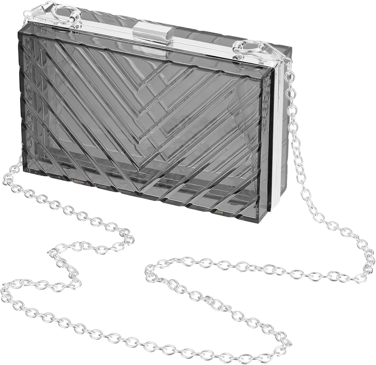 Acrylic Clear Evening Clutch Bag for Women, V-Design Handbags Neon Hard Frame with Chains Party Purse for Wedding Prom Party (Black, Silver)