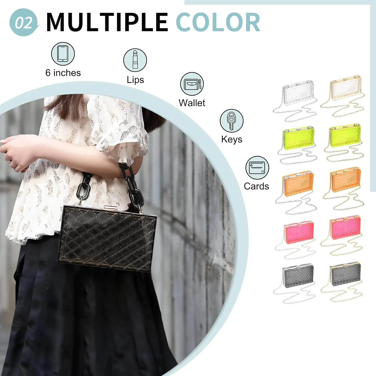 Acrylic Clear Evening Clutch Bag for Women, V-Design Handbags Neon Hard Frame with Chains Party Purse for Wedding Prom Party (Black, Silver)