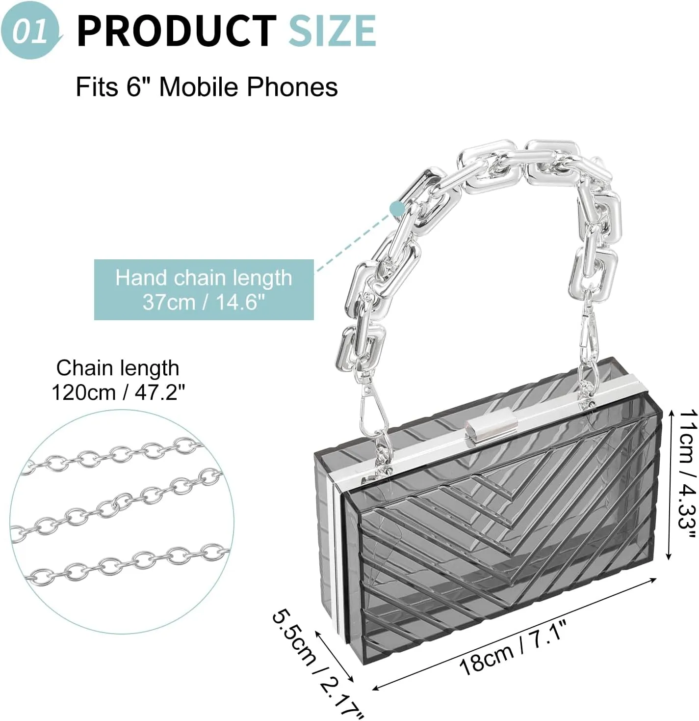 Acrylic Clear Evening Clutch Bag for Women, V-Design Handbags Neon Hard Frame with Chains Party Purse for Wedding Prom Party (Black, Silver)
