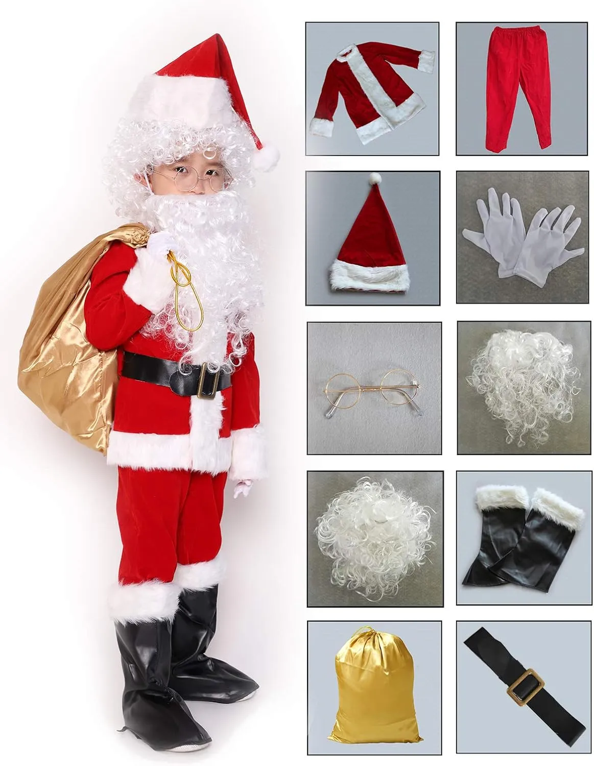 ADOMI Children's Deluxe Santa Suit 10pc. Christmas Child Santa Claus Kids Halloween Costume Cosplay