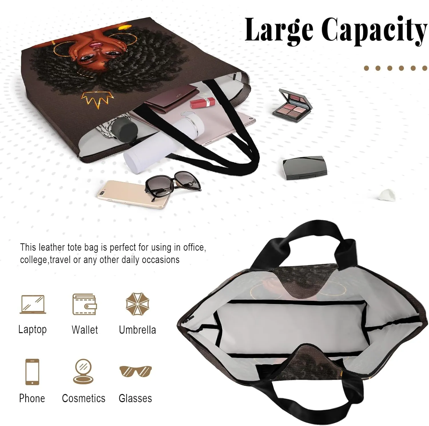 African American Women Tote Bag Black Shoulder Handbag For Women Fit Work Beach Labtops With Zip