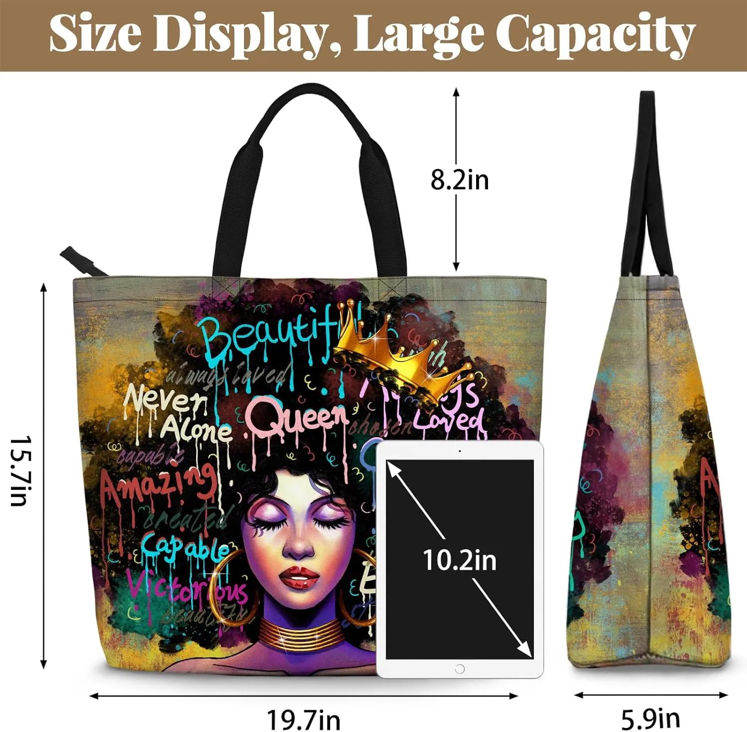 African American Women Tote Bag Black Shoulder Handbag For Women Fit Work Beach Labtops With Zip