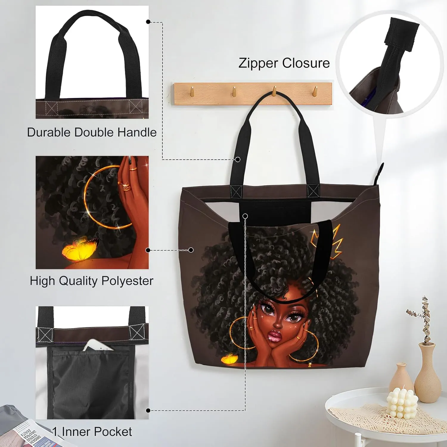 African American Women Tote Bag Black Shoulder Handbag For Women Fit Work Beach Labtops With Zip