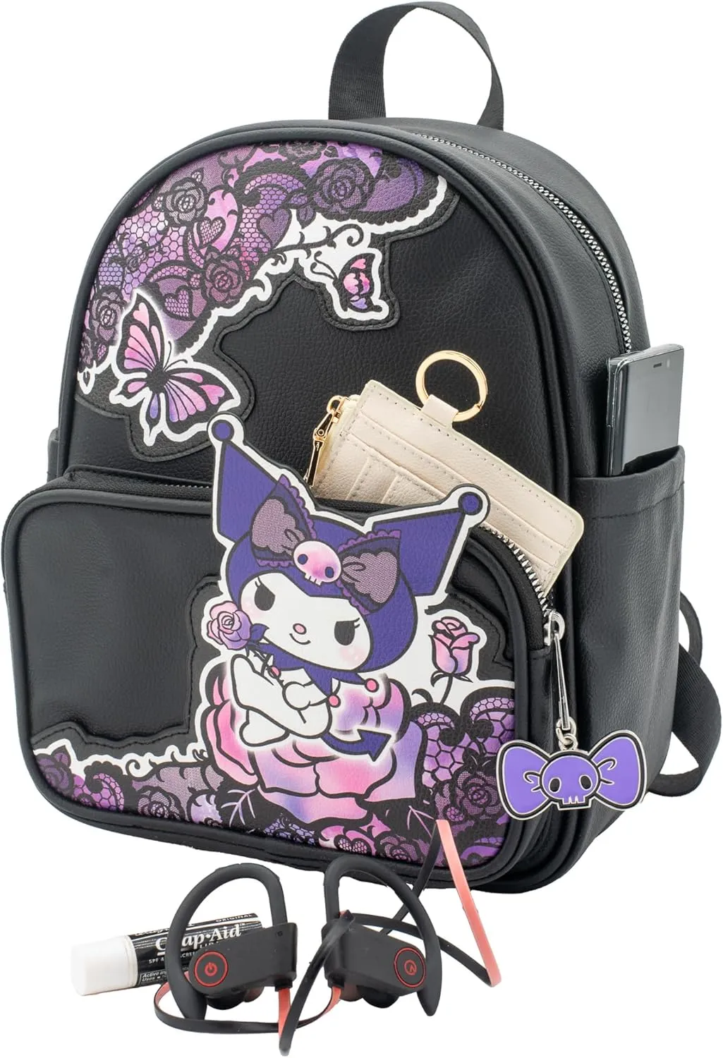 AI ACCESSORY INNOVATIONS Hello Kitty Kuromi Mini PU Backpack Purse, Kawaii Shoulder Bag with Epoxy Filled Metal Bow w/Skull Charm, 10.5 Inch, Anime Travel Bag, Faux Leather