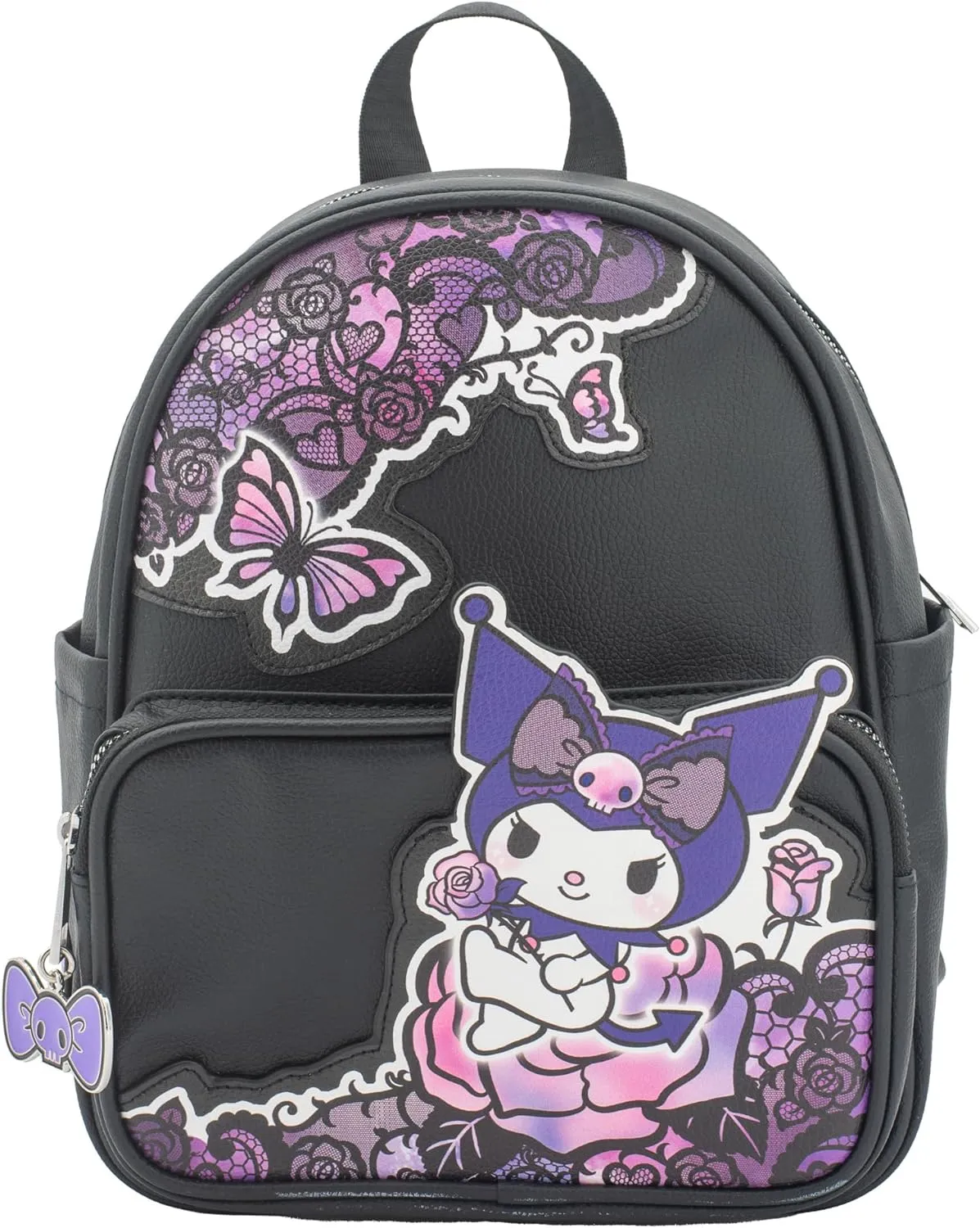 AI ACCESSORY INNOVATIONS Hello Kitty Kuromi Mini PU Backpack Purse, Kawaii Shoulder Bag with Epoxy Filled Metal Bow w/Skull Charm, 10.5 Inch, Anime Travel Bag, Faux Leather