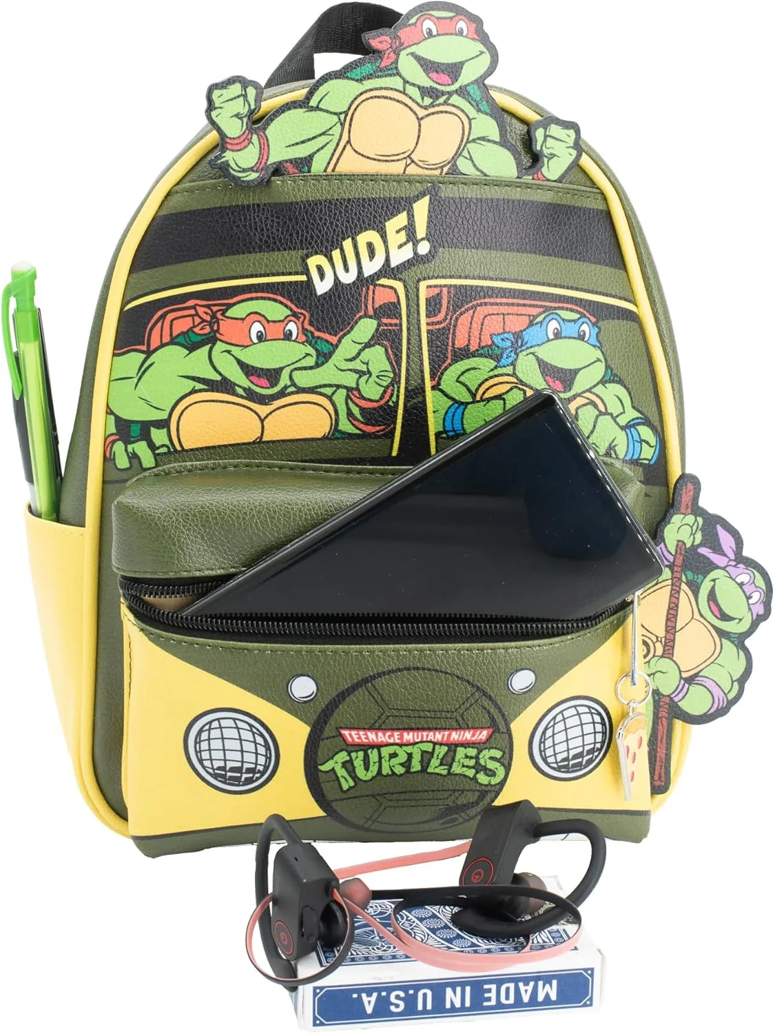 AI ACCESSORY INNOVATIONS Teenage Mutant Ninja Turtles Mini PU Backpack Purse, TMNT Shoulder Bag with Epoxy Filled Metal Pizza Charm, 10.5 Inch, Adjustable Shoulder Straps, Faux Leather