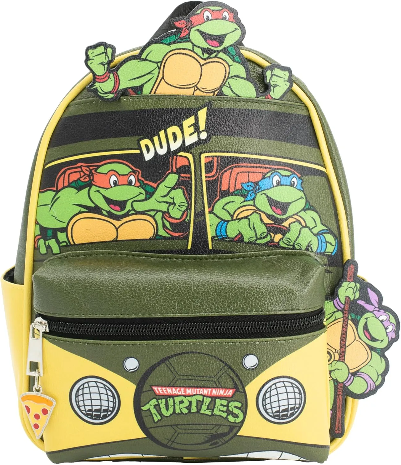 AI ACCESSORY INNOVATIONS Teenage Mutant Ninja Turtles Mini PU Backpack Purse, TMNT Shoulder Bag with Epoxy Filled Metal Pizza Charm, 10.5 Inch, Adjustable Shoulder Straps, Faux Leather