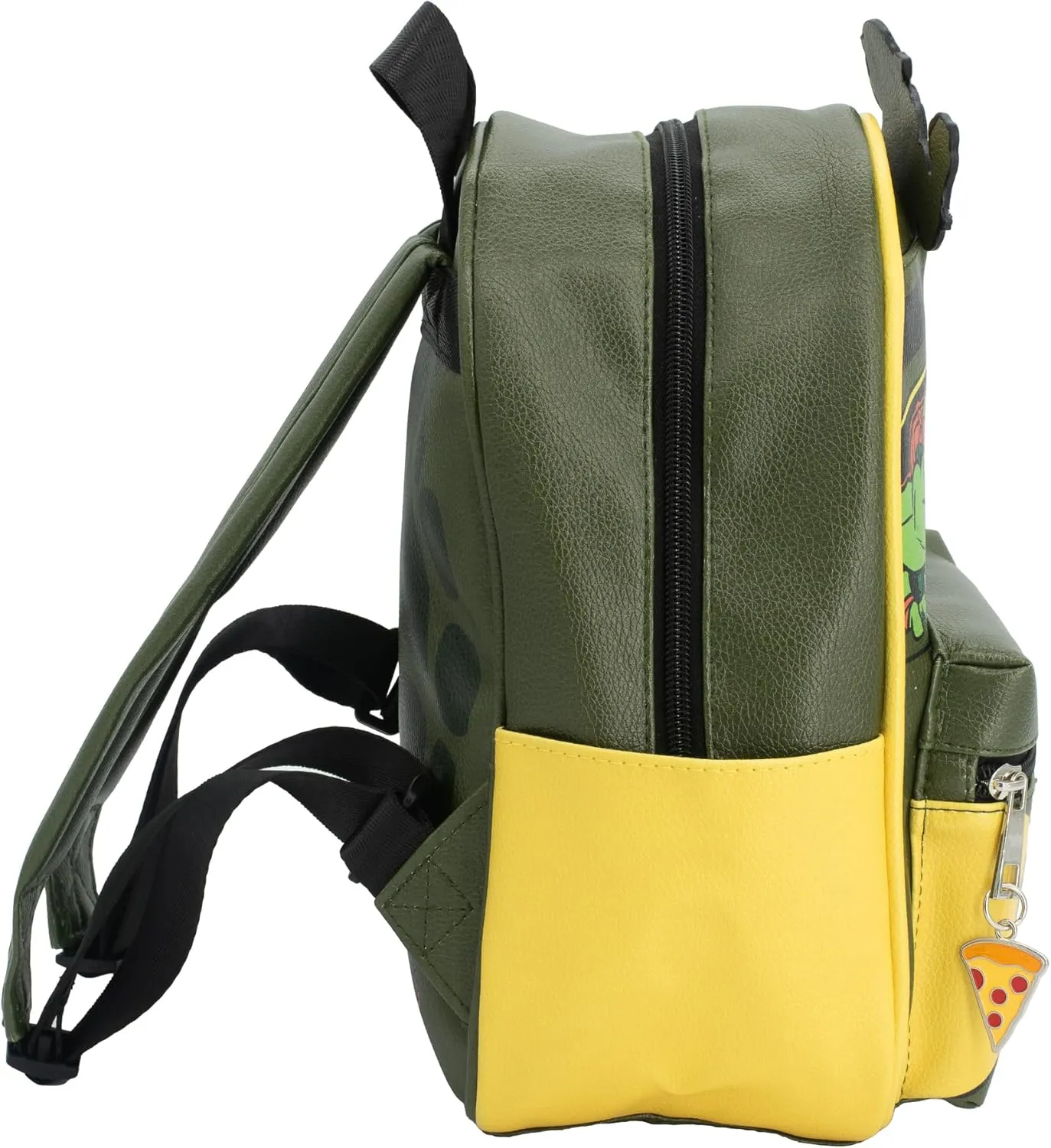 AI ACCESSORY INNOVATIONS Teenage Mutant Ninja Turtles Mini PU Backpack Purse, TMNT Shoulder Bag with Epoxy Filled Metal Pizza Charm, 10.5 Inch, Adjustable Shoulder Straps, Faux Leather