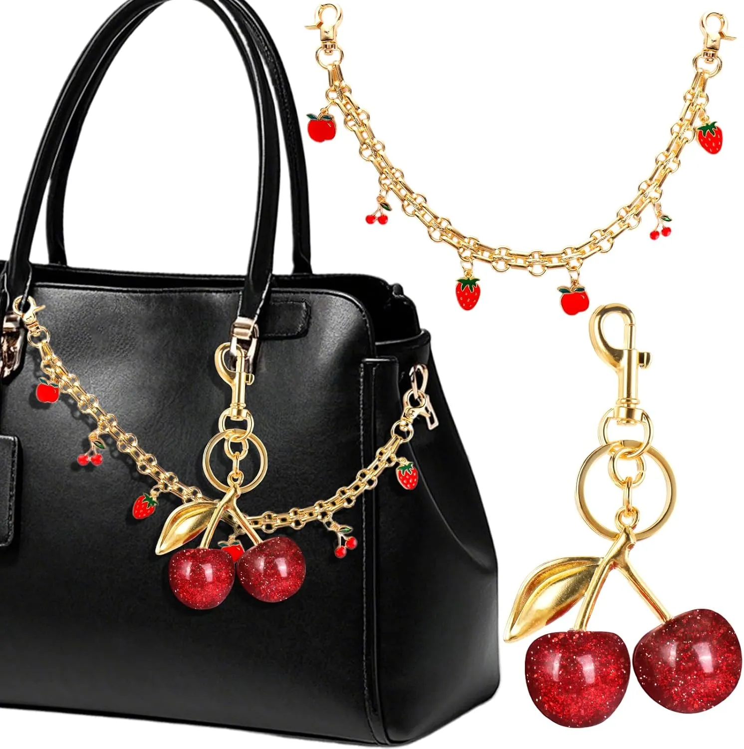 AIERSA Cherry Bag Charms for Handbags Purses, Cute Cherry Keychains for Women, Gold Chain Bag Strap, Decorative Handbag Charms Set for Women Purse Handbag Wallet Crossbody Shoulder Bag Accessories