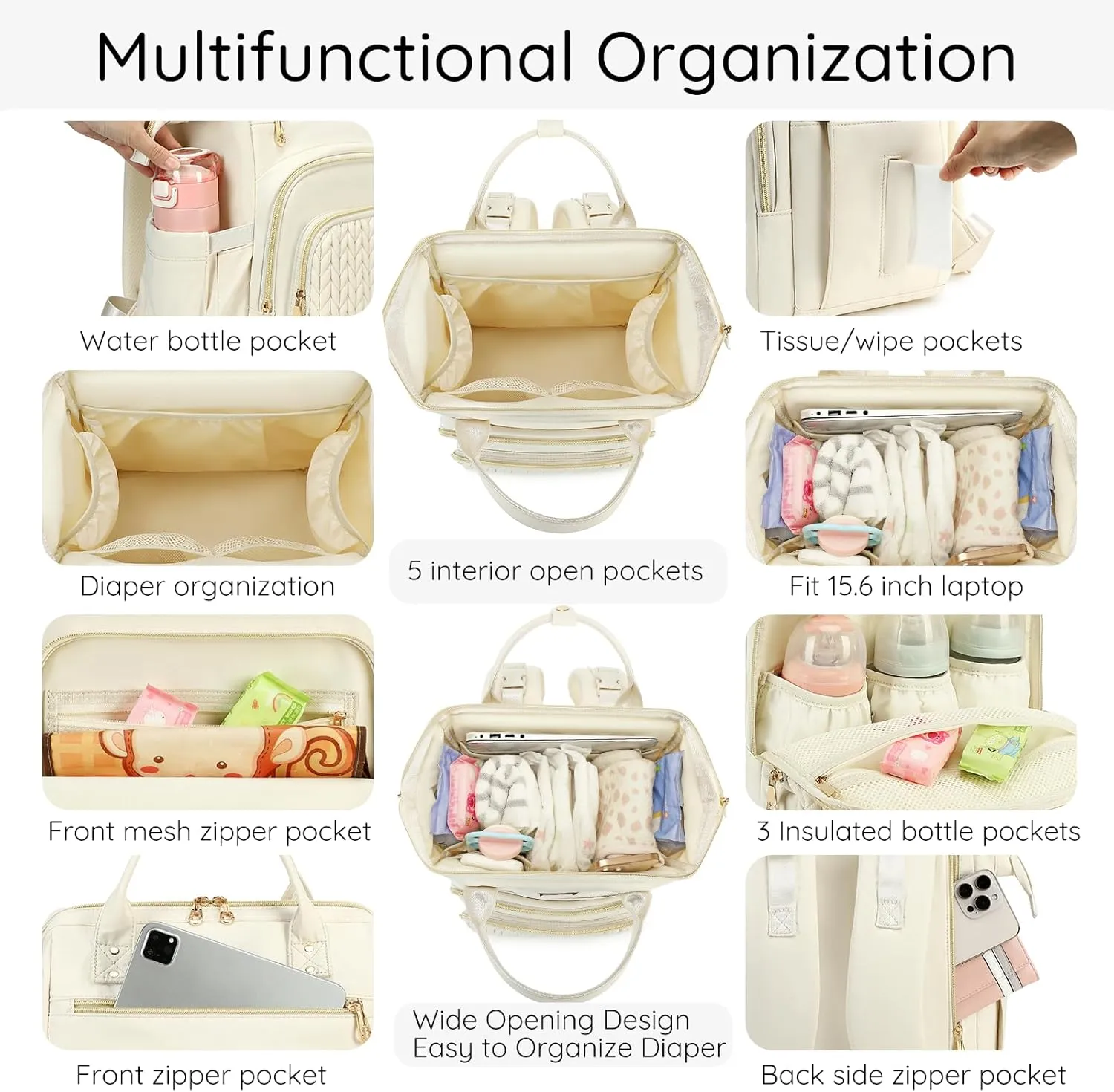 AIJIEKE Diaper Bag, Large Wide-Open Baby Diaper Backpack, Multi-functional Baby Travel Tote Bag, Diaper Bag with Changing Pad, Diaper Bags for Mom & Maternity (Beige)