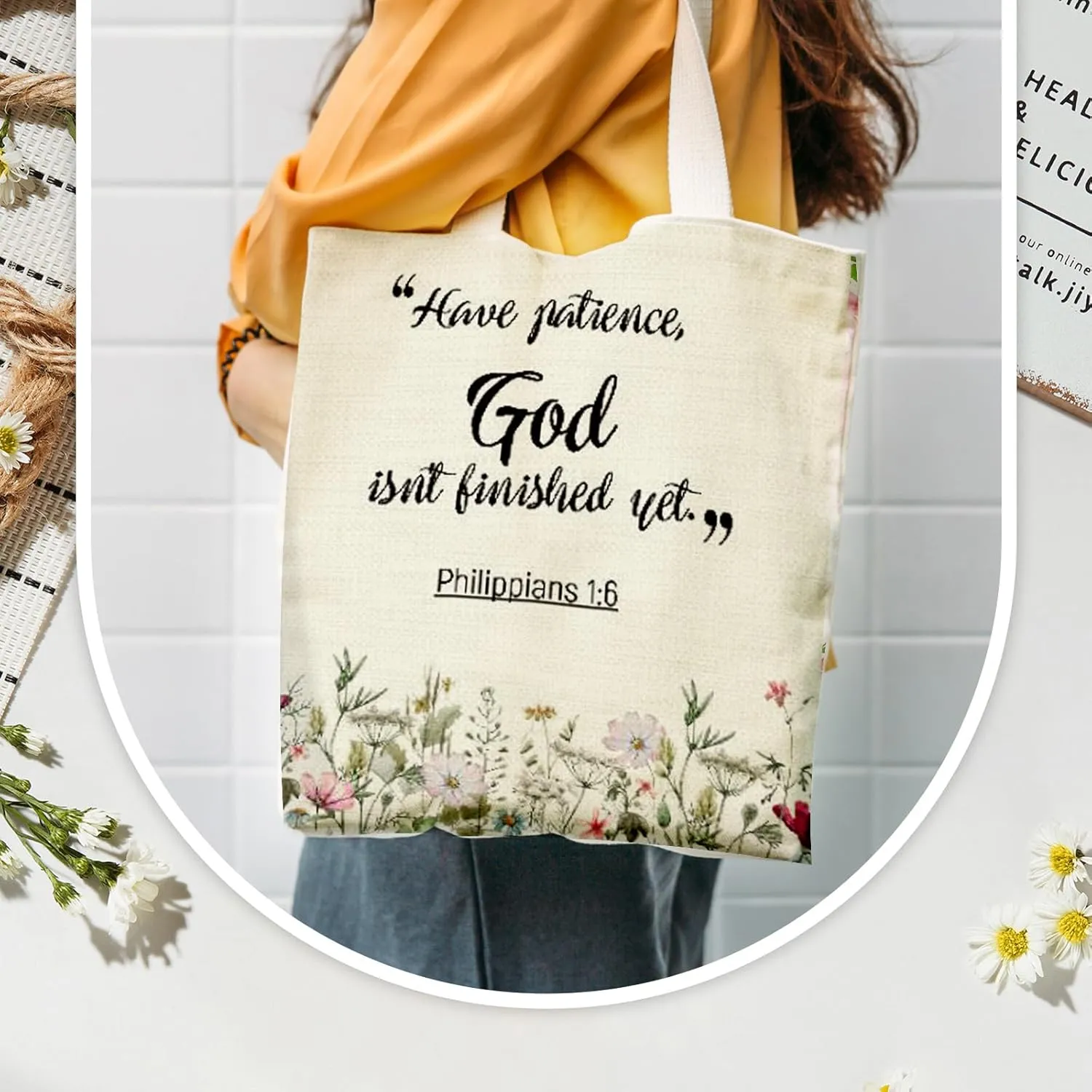 Aliceset 12 Pcs Christian Gift for Women Mother's Day Including 6 Bible Verse Tote Bags 6 Inspirational Makeup Bags with Zipper Religious Motivational Gifts for Coworkers Church(Beige,Classic)