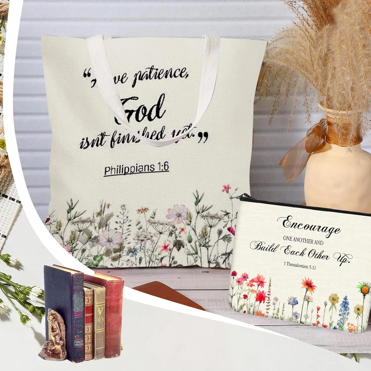 Aliceset 12 Pcs Christian Gift for Women Mother's Day Including 6 Bible Verse Tote Bags 6 Inspirational Makeup Bags with Zipper Religious Motivational Gifts for Coworkers Church(Beige,Classic)