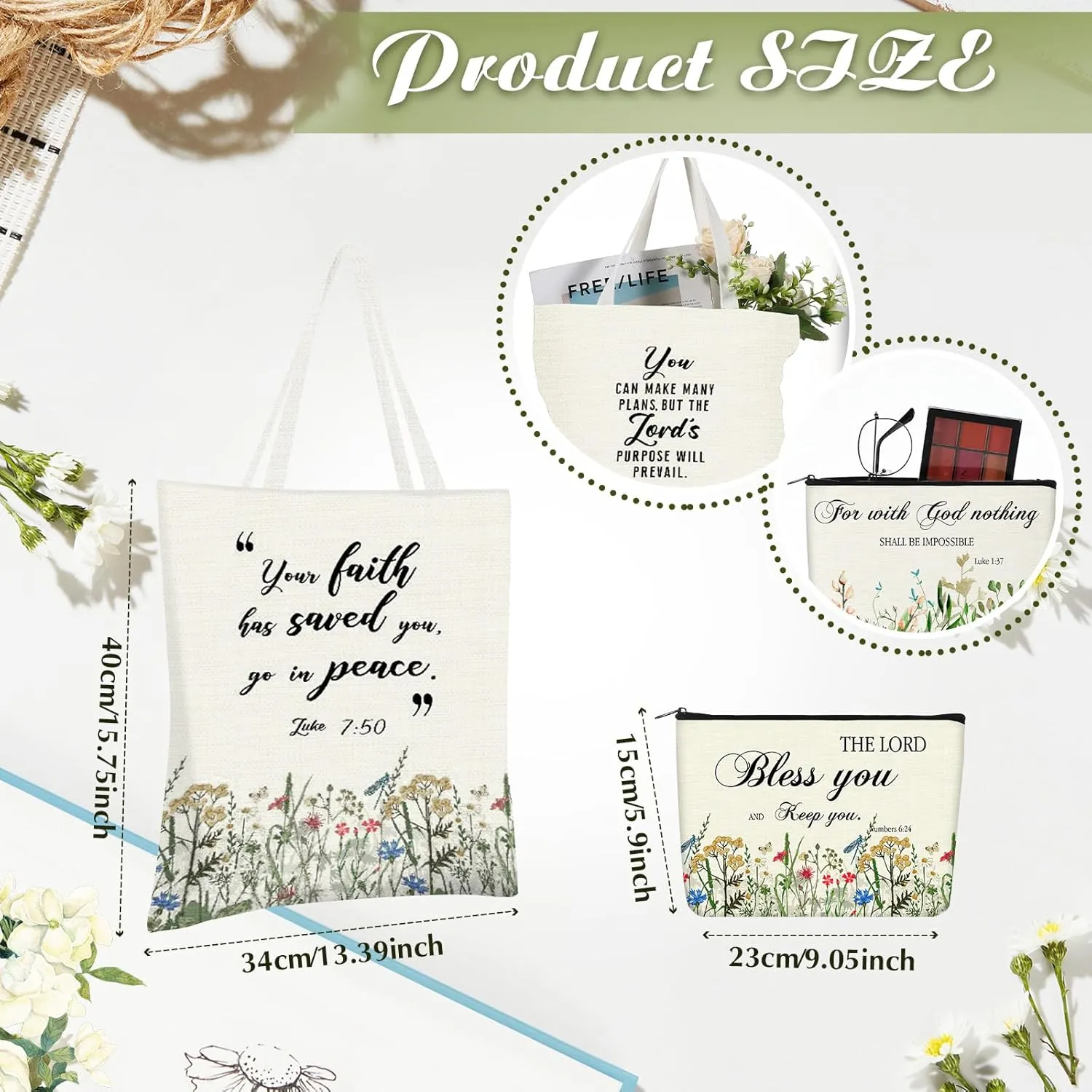 Aliceset 12 Pcs Christian Gift for Women Mother's Day Including 6 Bible Verse Tote Bags 6 Inspirational Makeup Bags with Zipper Religious Motivational Gifts for Coworkers Church(Beige,Classic)