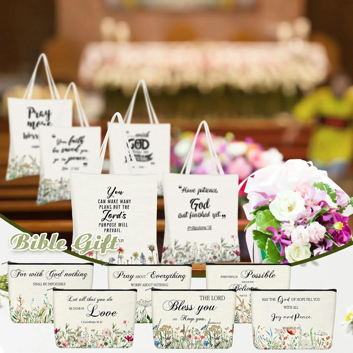Aliceset 12 Pcs Christian Gift for Women Mother's Day Including 6 Bible Verse Tote Bags 6 Inspirational Makeup Bags with Zipper Religious Motivational Gifts for Coworkers Church(Beige,Classic)
