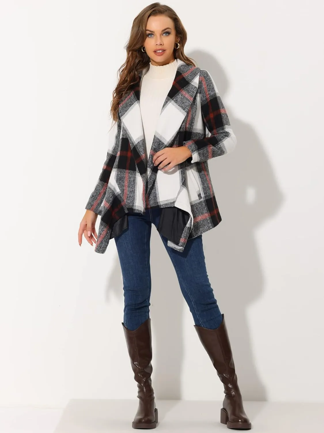Allegra K Women's Turn Down Collar Asymmetric Hem Thin Plaids Wrap Coat