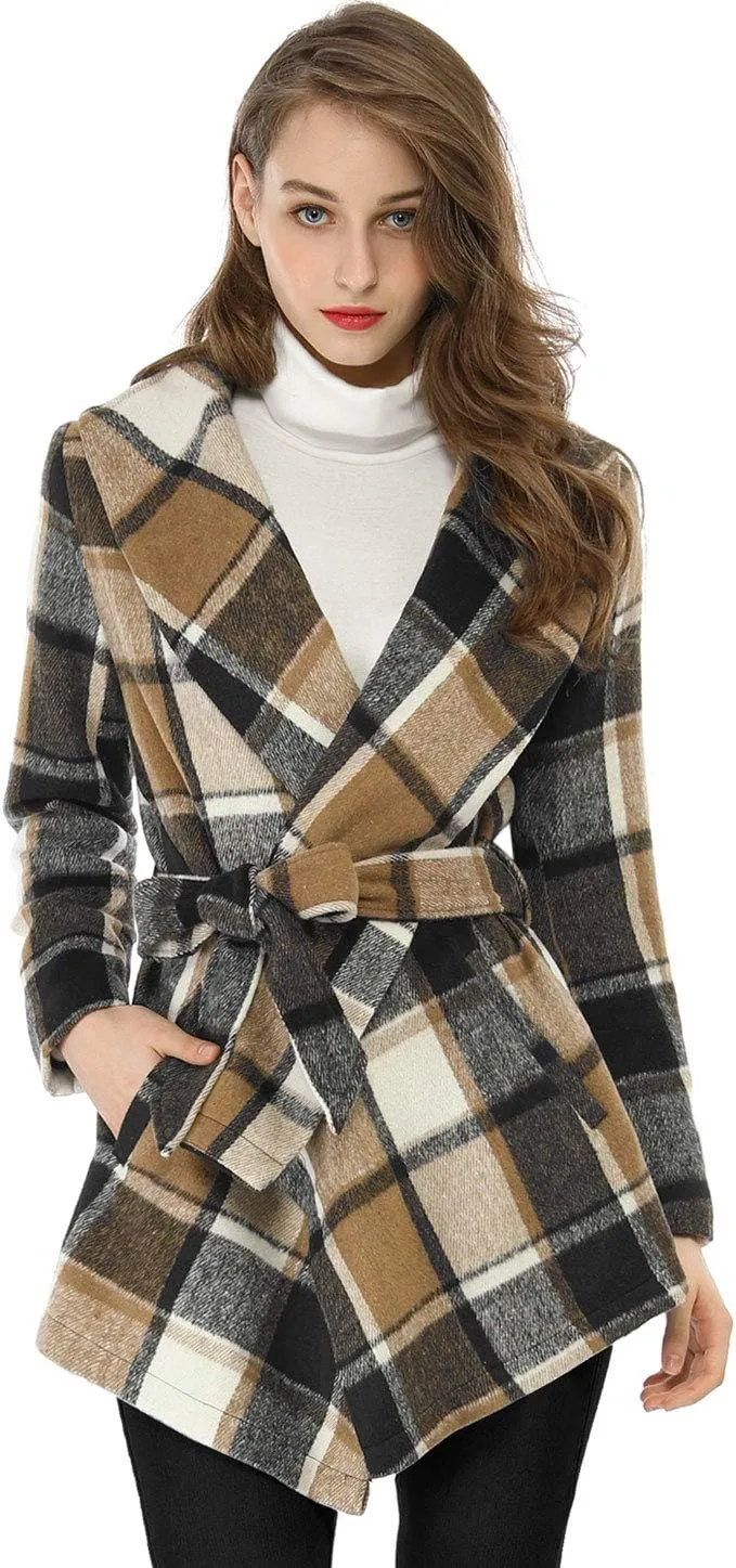Allegra K Women's Turn Down Collar Asymmetric Hem Thin Plaids Wrap Coat