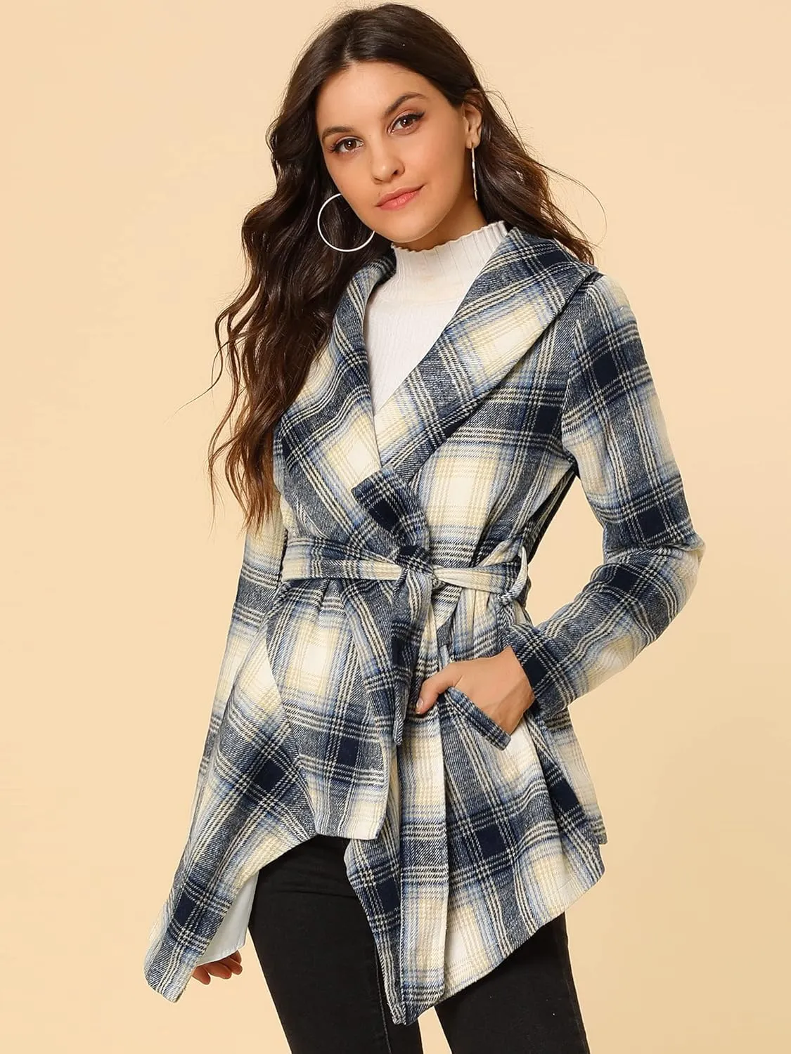 Allegra K Women's Turn Down Collar Asymmetric Hem Thin Plaids Wrap Coat