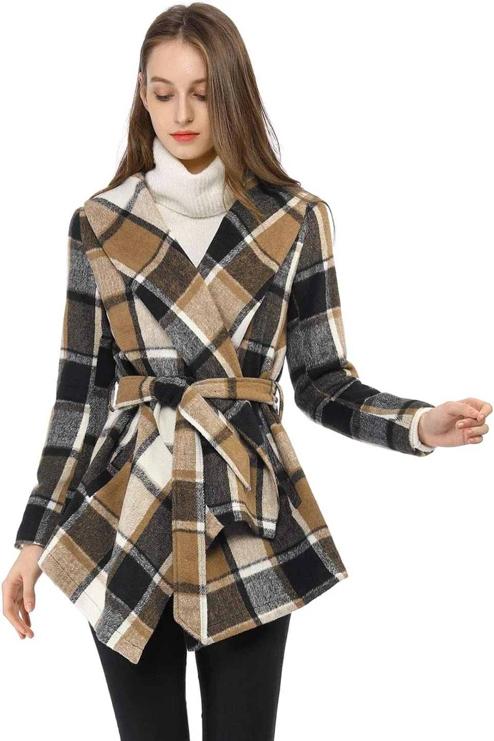 Allegra K Women's Turn Down Collar Asymmetric Hem Thin Plaids Wrap Coat