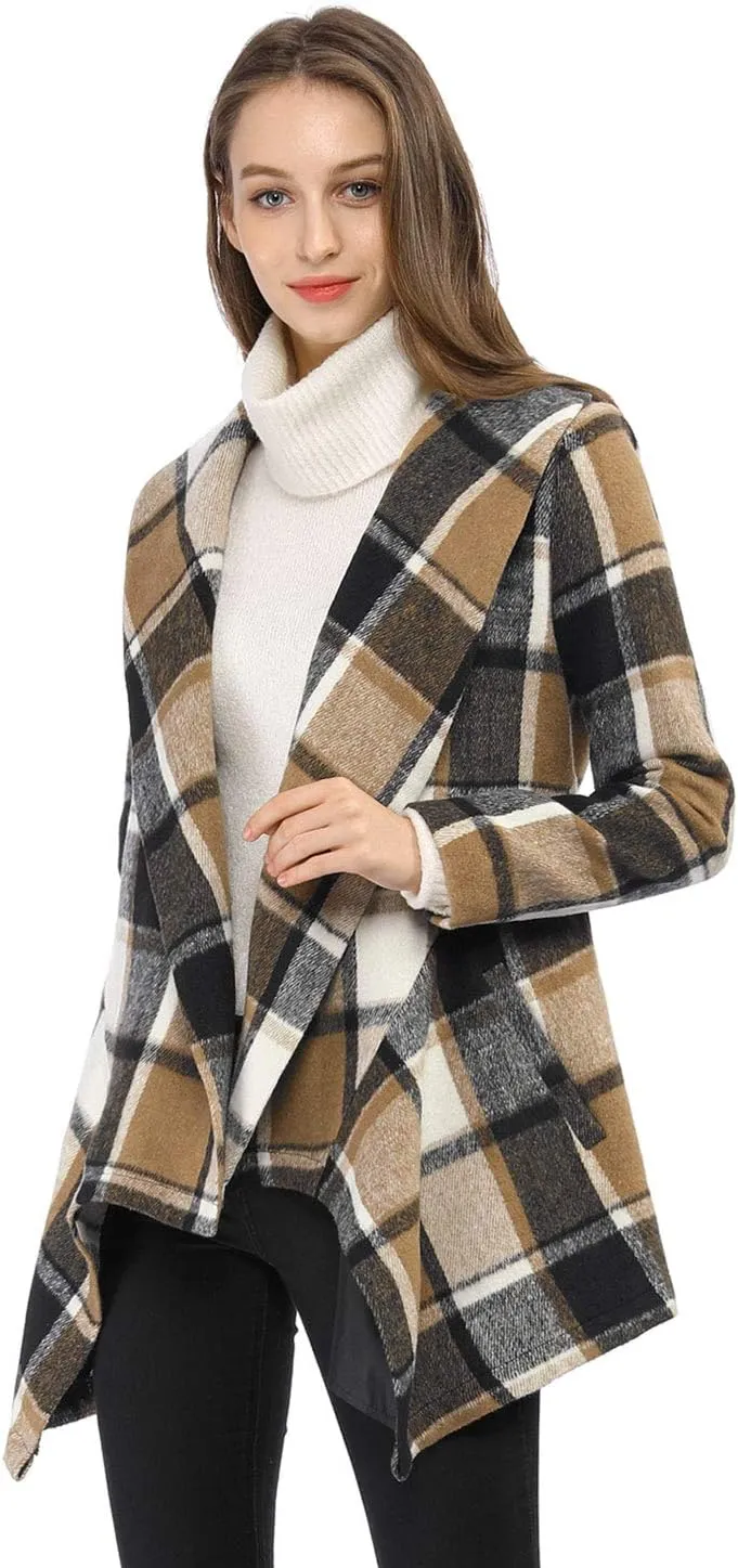 Allegra K Women's Turn Down Collar Asymmetric Hem Thin Plaids Wrap Coat