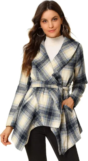 Allegra K Women's Turn Down Collar Asymmetric Hem Thin Plaids Wrap Coat