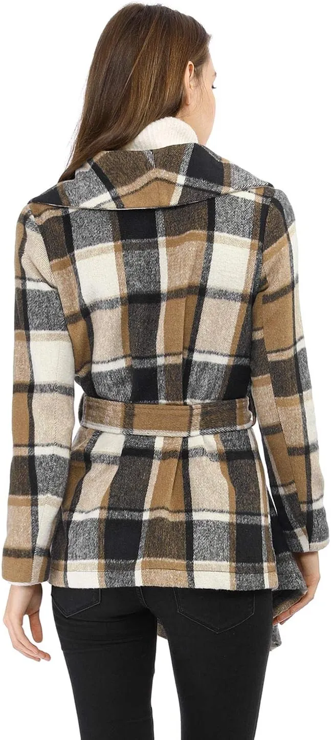 Allegra K Women's Turn Down Collar Asymmetric Hem Thin Plaids Wrap Coat