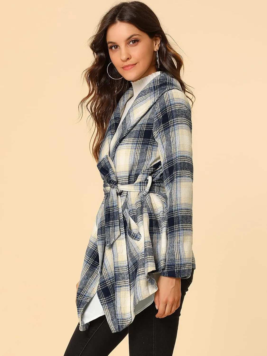 Allegra K Women's Turn Down Collar Asymmetric Hem Thin Plaids Wrap Coat