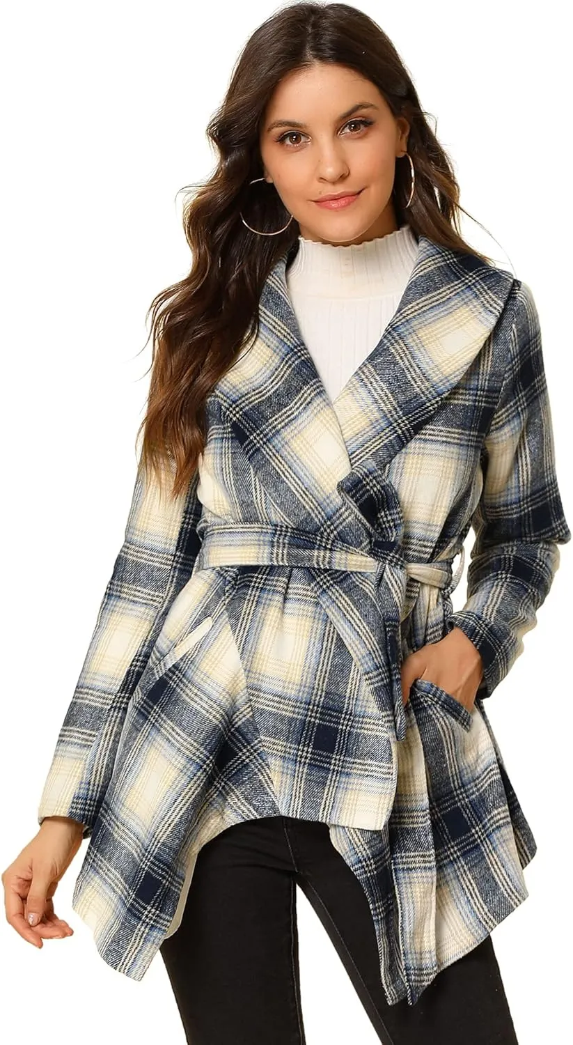 Allegra K Women's Turn Down Collar Asymmetric Hem Thin Plaids Wrap Coat